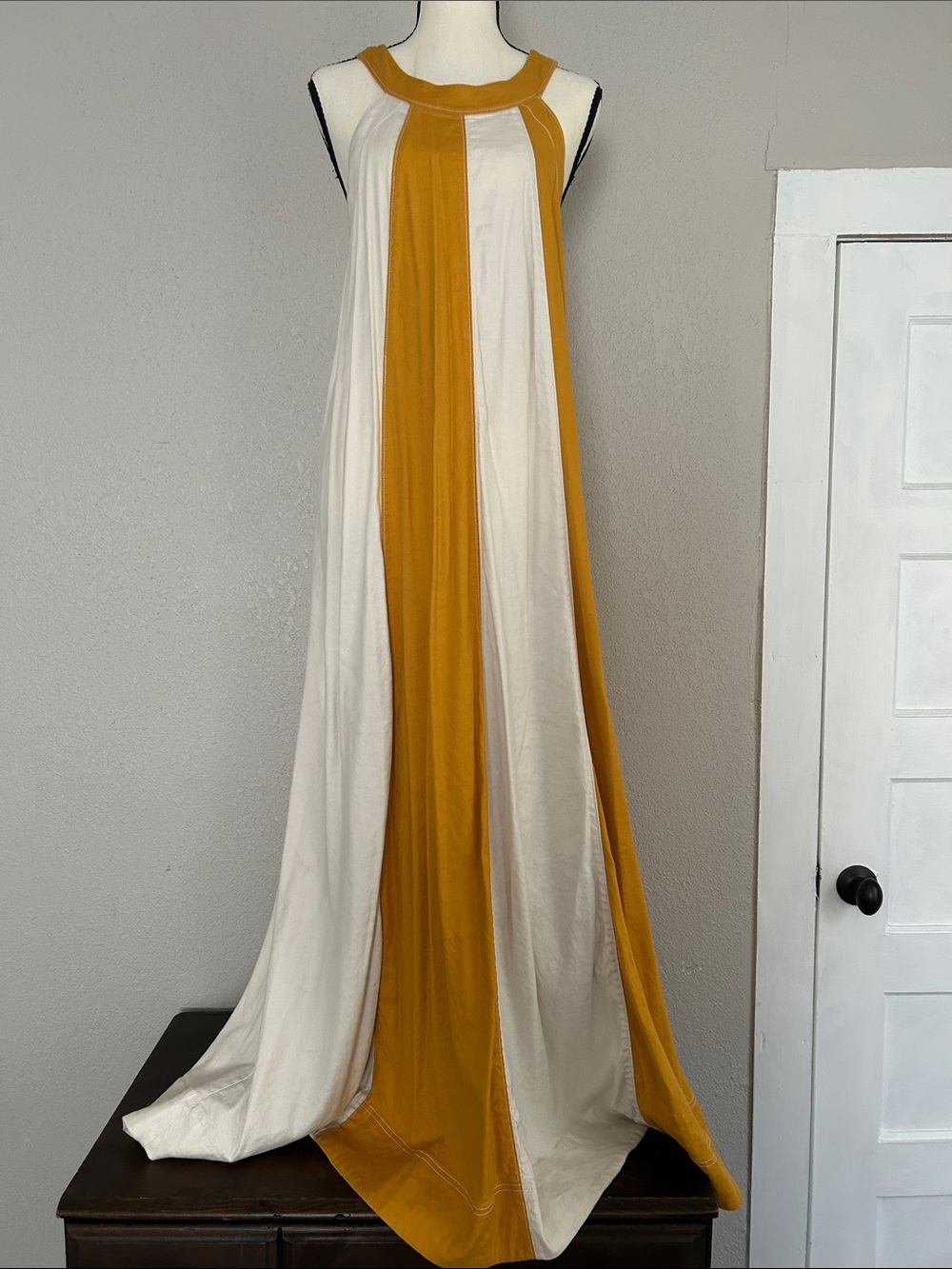 Maeve Mustard & Cream Vertical Panel Maxi Dress